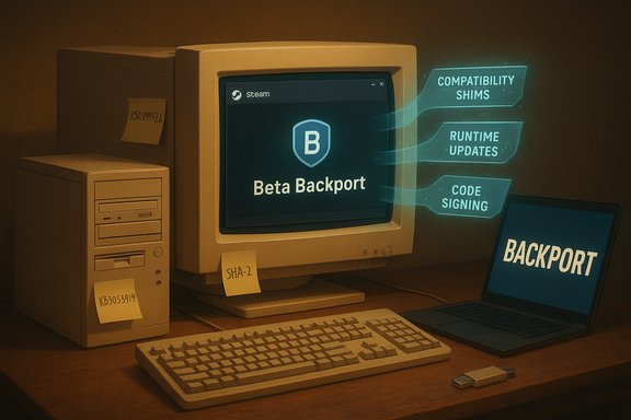 Retro computer setup showing Beta Backport on monitor and floating labels for compatibility shims. Retro computer setup showing Beta Backport on monitor and floating labels for compatibility shims.