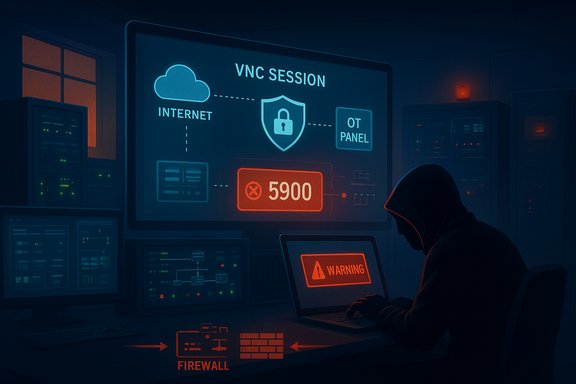 A hacker in a dark data center monitors a VNC session breach with firewall alerts.