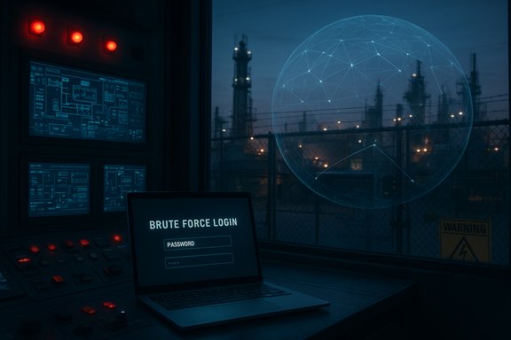 Dim control room; a laptop shows “BRUTE FORCE LOGIN” as a blue holographic globe floats near an industrial landscape.