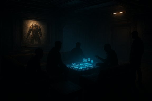 Five silhouettes sit around a glowing blue board game in a dark room.