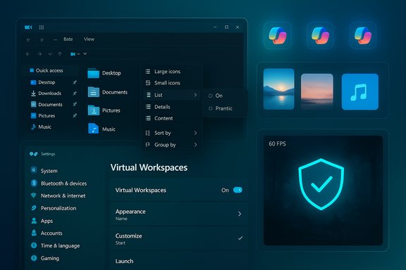 Dark blue desktop UI with folders, icons, and a Virtual Workspaces settings panel.