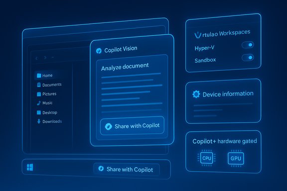 Futuristic blue holographic UI showing Copilot features like Analyze document, Share with Copilot, and hardware info.