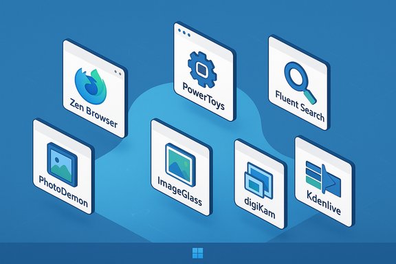 Isometric display of several software icons on a blue background.