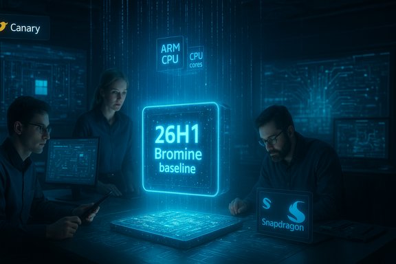 Engineers examine a glowing holographic chip labeled 26H1 Bromine baseline in a futuristic lab.