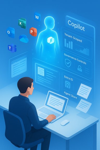 A person at a desk interacts with a holographic Copilot AI interface displaying Microsoft apps.