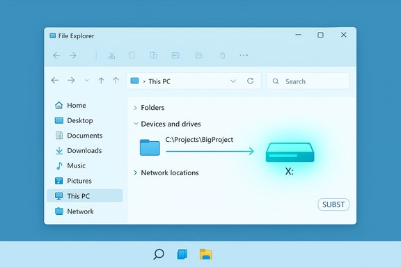 Windows File Explorer showing a folder mapped to drive X: via SUBST.