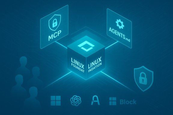 A glowing blue Linux Foundation cube links MCP and AGENTS.md panels in a secure open-source network.