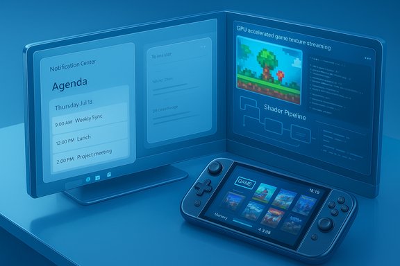 Futuristic dual-screen gaming setup displaying a calendar UI and shader pipeline information.