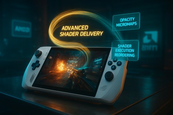 A handheld gaming device glows with neon shader delivery concepts above a fiery in-game scene.