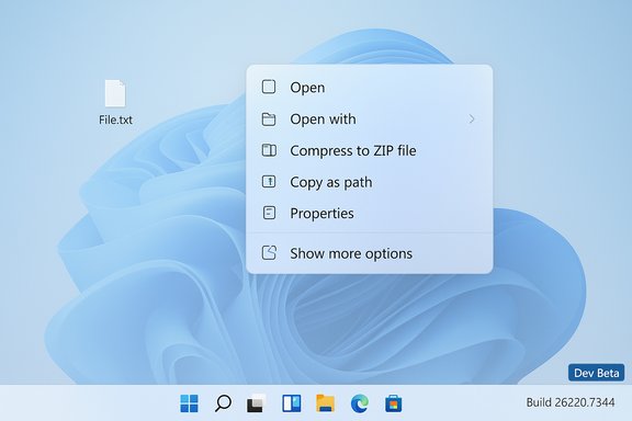 Windows-like desktop showing File.txt with a large right-click context menu on a blue abstract wallpaper.