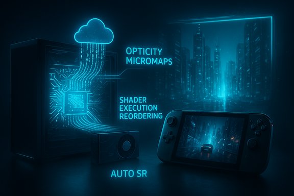 Neon blue tech infographic showing cloud, circuitry, and a handheld console before a futuristic cityscape.