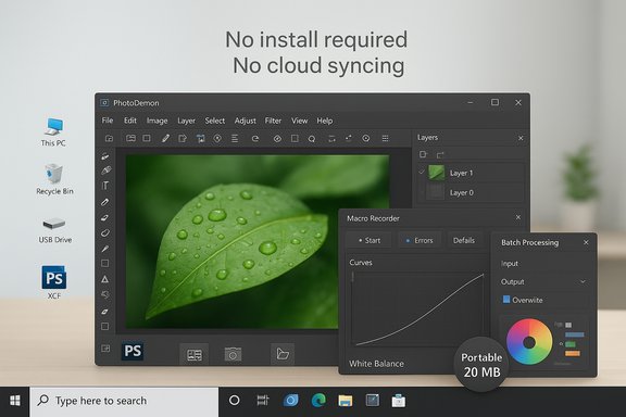 Windows desktop showing PhotoDemon editor running portable—no install, no cloud syncing.