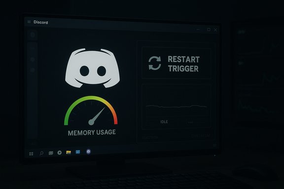A dark Discord dashboard on a monitor shows the logo, a memory usage gauge, and a restart trigger panel. A dark Discord dashboard on a monitor shows the logo, a memory usage gauge, and a restart trigger panel.