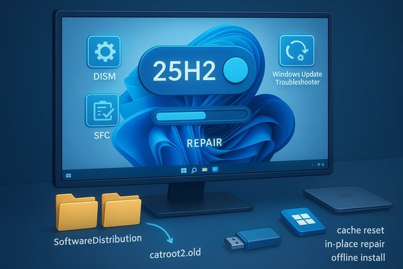 Blue Windows repair dashboard showing 25H2 with DISM, SFC, Windows Update Troubleshooter, and offline repair steps.