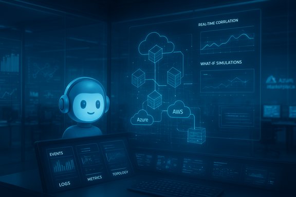 A friendly robot with headphones analyzes cloud data and simulations in a futuristic control room.