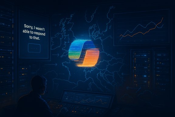 A technician monitors data dashboards in a dim control room, with a glowing map of Europe. A technician monitors data dashboards in a dim control room, with a glowing map of Europe.