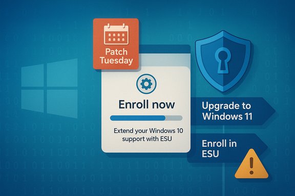 A Windows security infographic highlighting Patch Tuesday, ESU enrollment, and Windows 11 upgrade.