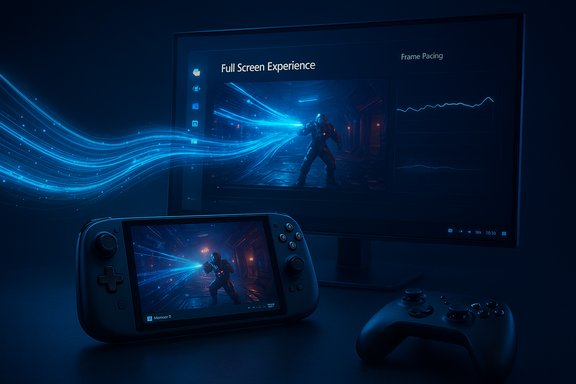 A handheld game console streams blue energy to a large monitor, playing a sci-fi shooter.