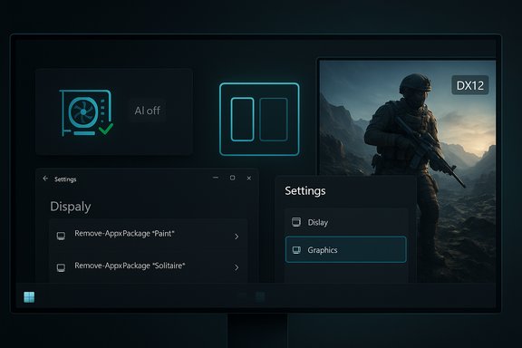 Dark, futuristic OS UI with settings panels and a DX12 game image.