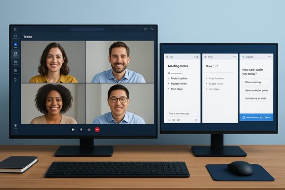 A dual-monitor desk setup with a four-person video call on the left and a notes board on the right.