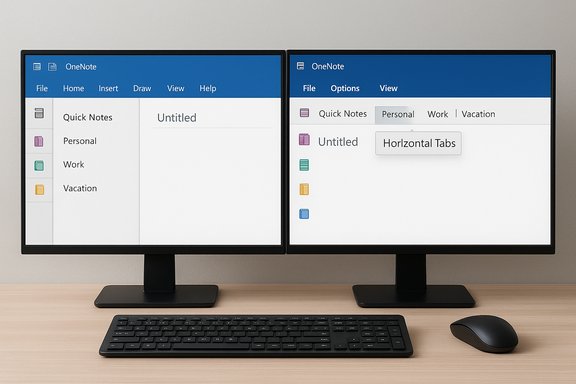 Dual monitor setup showing OneNote on both screens with keyboard and mouse on a wooden desk. Dual monitor setup showing OneNote on both screens with keyboard and mouse on a wooden desk.