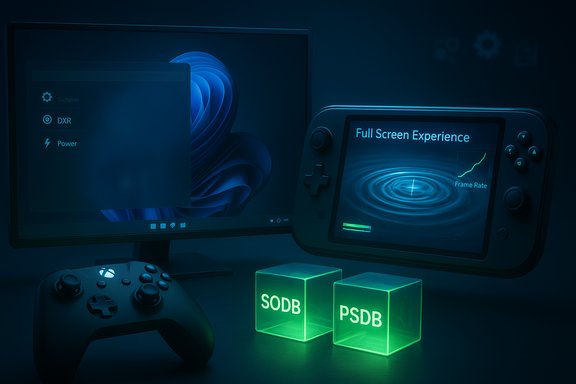 Neon-blue gaming setup with a monitor, handheld console, controller, and glowing SODB and PSDB cubes. Neon-blue gaming setup with a monitor, handheld console, controller, and glowing SODB and PSDB cubes.