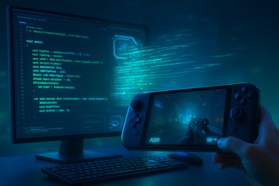 Gamer plays a neon-lit shooter on a handheld console as code glows on a monitor.