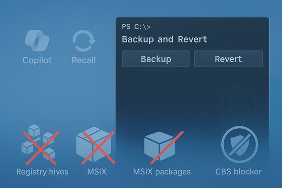 Blue UI featuring a PS C:> 'Backup and Revert' dialog with Backup and Revert buttons and crossed-out MSIX items.