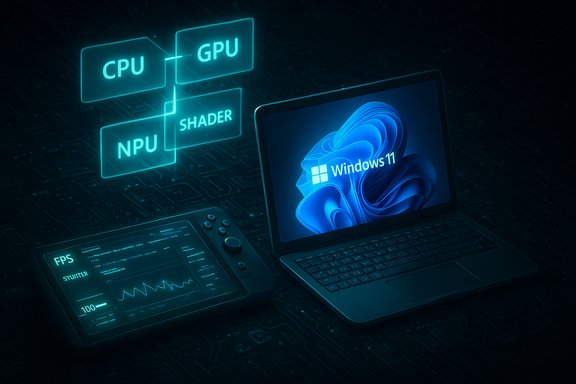 Windows 11 laptop with glowing CPU/GPU/NPU shader blocks and a handheld FPS monitor.