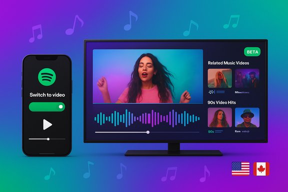 Smartphone shows Spotify's 'Switch to video' beside a TV with a video editor and music visuals.