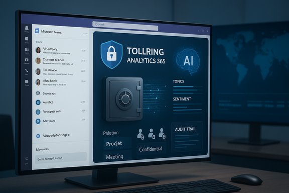 Monitor shows Microsoft Teams alongside a Tolling Analytics 365 dashboard with AI and a vault icon.