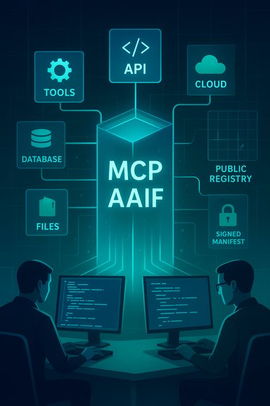 Two programmers at a neon MCP AAIF hub linking API, tools, cloud, and databases.