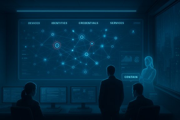 A futuristic security operations center with a network map dashboard and analysts monitoring devices.