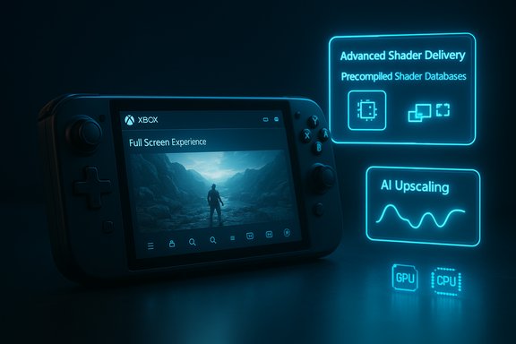 A handheld gaming console glows blue, with holographic panels showing AI upscaling and advanced shader delivery.