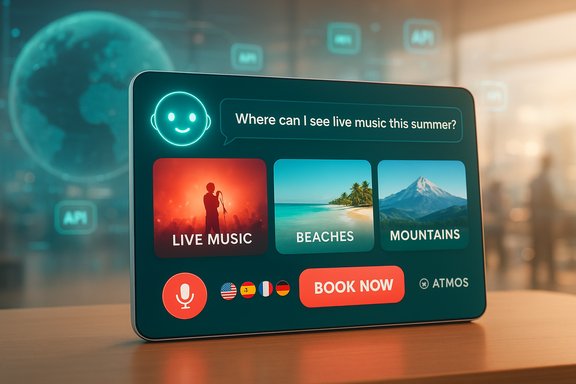 A smart device screen shows travel options—Live Music, Beaches, Mountains—with a 'Book Now' button.