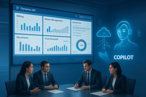 Four professionals in a blue-toned boardroom review a Dynamics 365 dashboard on a large wall screen.