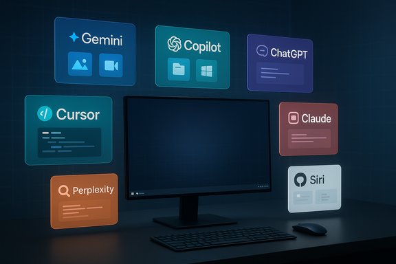 Monitor on a desk surrounded by floating AI app icons: Gemini, Copilot, ChatGPT, Claude, Siri, Cursor, and Perplexity.