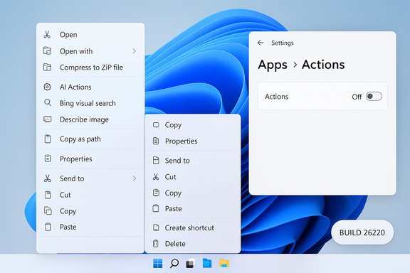 Floating context menus show file actions and app settings on a blue Windows-style desktop.