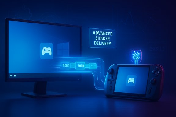 Neon blue scene showing a PC monitor and handheld console linked by an advanced shader delivery pipeline.