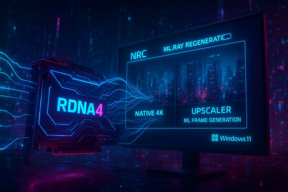 RDNA4 GPU powers neon ML-upscaling and native 4K on Windows 11.
