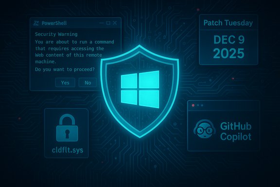 Neon blue cybersecurity wallpaper with a shield and Windows logo amid warning windows and circuits.