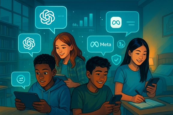 Four teens study together on tablets and phones, surrounded by glowing chat bubbles.