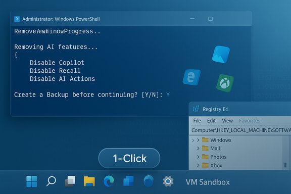 Blue-tinted Windows PowerShell window prompts to remove AI features and back up. Blue-tinted Windows PowerShell window prompts to remove AI features and back up.