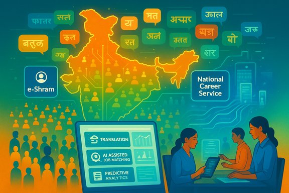 India's map with digital career services like e-Shram and National Career Service powered by AI-driven job matching.