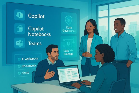A diverse team collaborates in a modern office around Copilot tools and data governance.