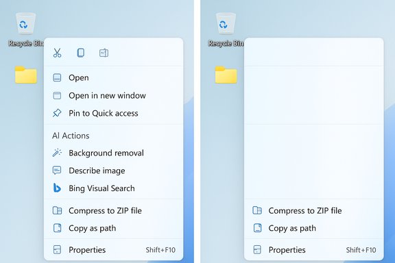 Two Mac desktops side by side; left shows a long file actions context menu, right a collapsed panel.