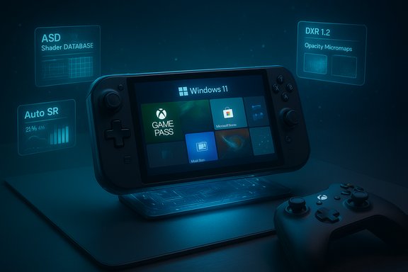 Windows 11 handheld gaming console on a dock with a controller.
