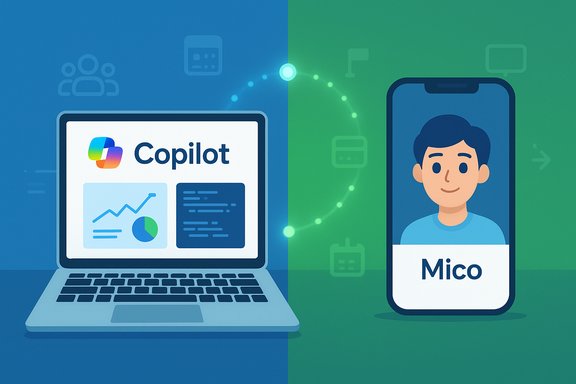 Laptop shows Copilot UI on the left; mobile screen shows user Mico on the right.