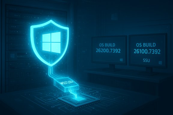 Glowing Windows shield hovers over a circuit board in a server room.