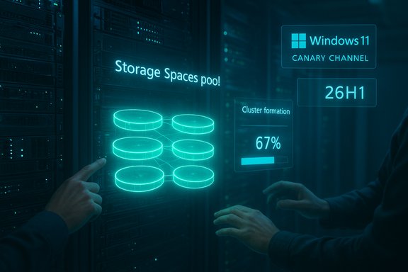 Holographic storage UI hovering over server racks shows storage pools and 67% cluster formation.